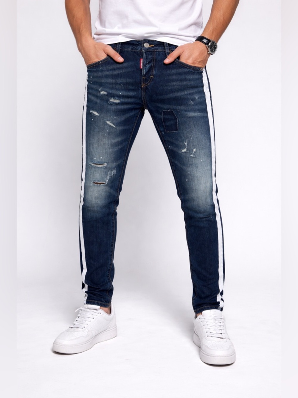 DSQUARED2 Dark Blue Distressed Skinny Jeans with White Side Stripes